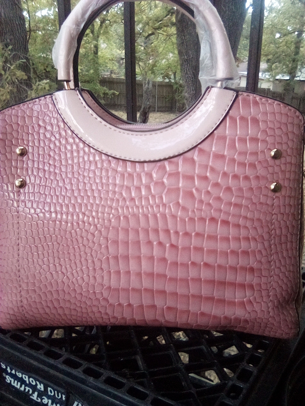 Pink Croc-Embossed Faux Leather Tote Bag